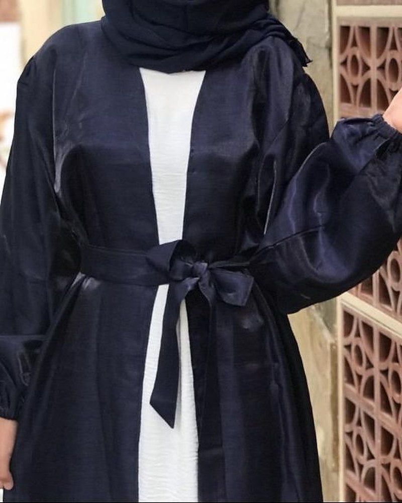Navy Satin Belted Abaya
