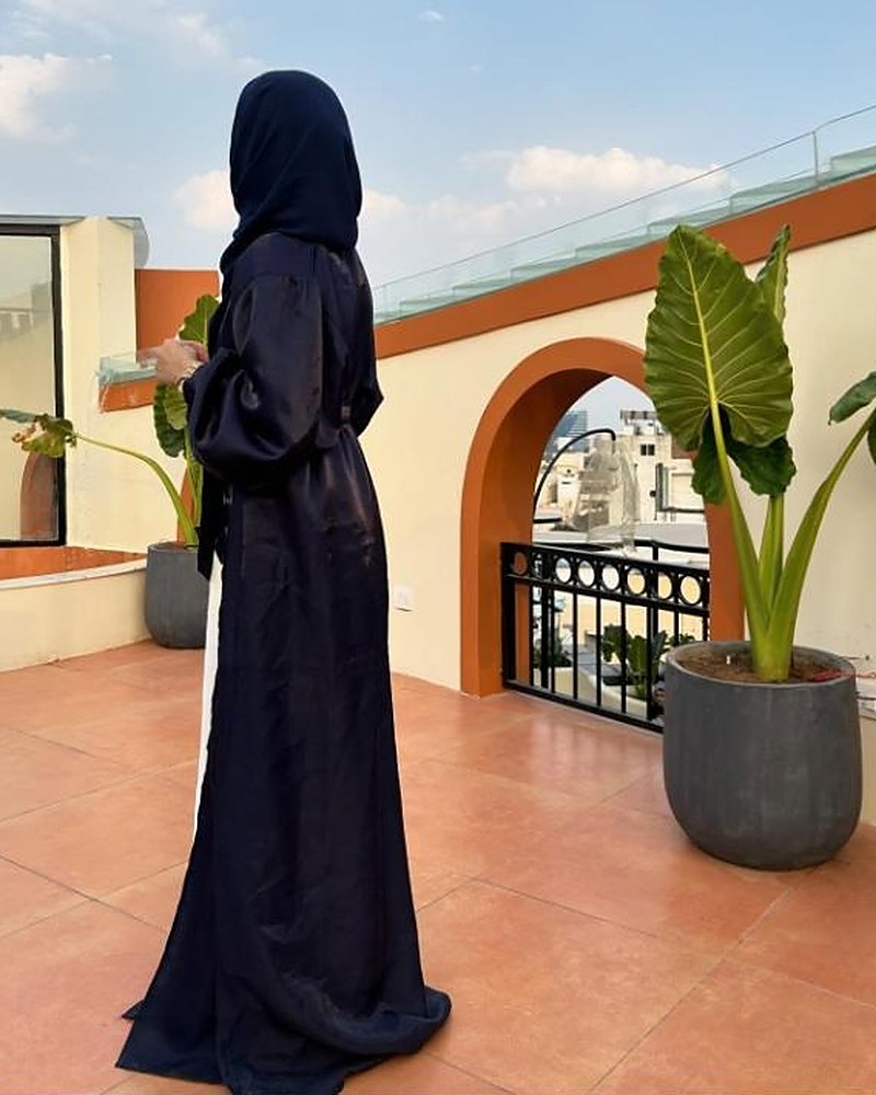 Navy Satin Belted Abaya